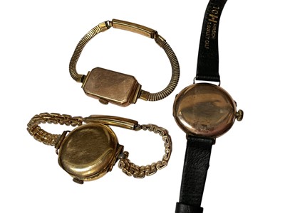 Lot 47 - Antique 15ct gold cased wristwatch (London import 1915) on plated bracelet, 1920s 9ct gold cased wristwatch on plated bracelet and one other 9ct gold cased wristwatch on leather strap (3)