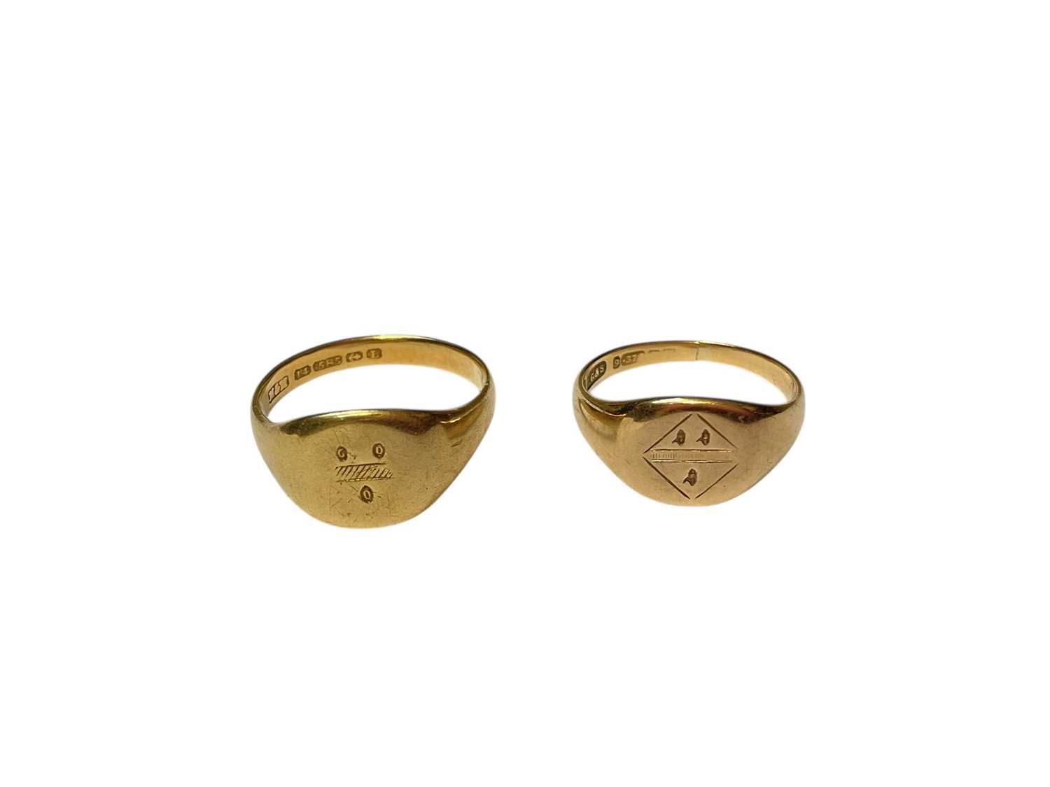 Lot 49 - Victorian 14ct gold signet ring with engraved crest and a matching 9ct gold signet ring (cut)
