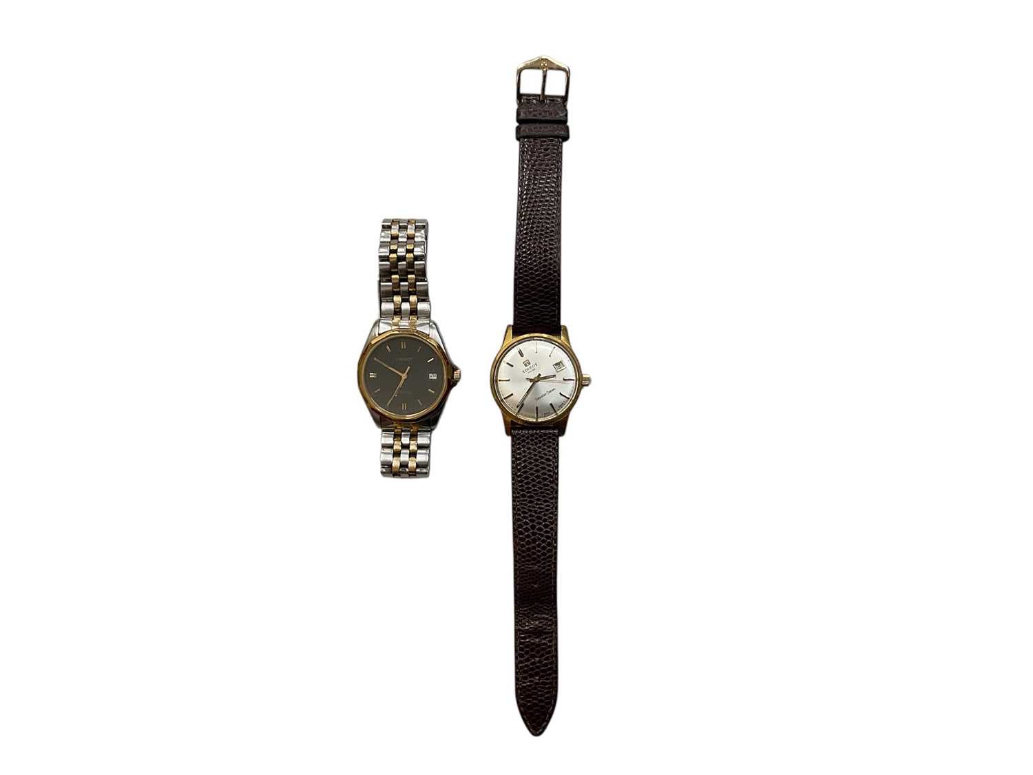 Lot 110 - 1960s Tissot Seastar Seven manual wind gold plated wristwatch on leather strap, together with a Tissot PR 100 bi-metal stainless steel wristwatch (2)