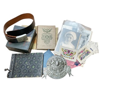 Lot 657 - Group of Militaria and sundry items to include book- Hornchurch During The Great War, various photographs and ephemera and a Post Second World War German military belt (1 box).
