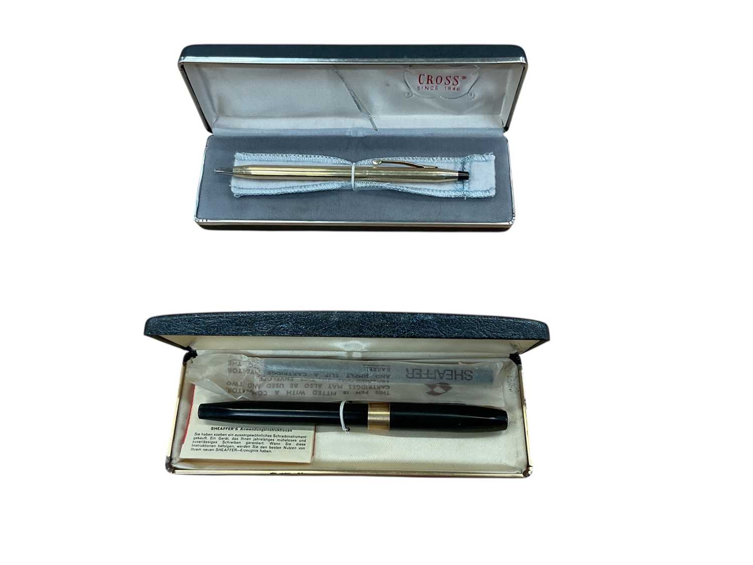 Lot 2434 - Scheaffer fountain pen with 14k gold nib in case together with a Cross ballpoint pen (2)