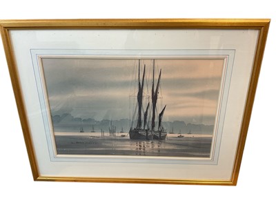 Lot 881 - Anthony Osler (b. 1938) watercolour - Barges on the mud