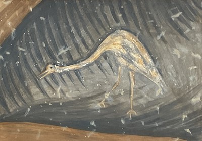 Lot 292 - Mid 20th century mixed media on paper, stylised Crane, 17cm x 24cm, in glazed frame