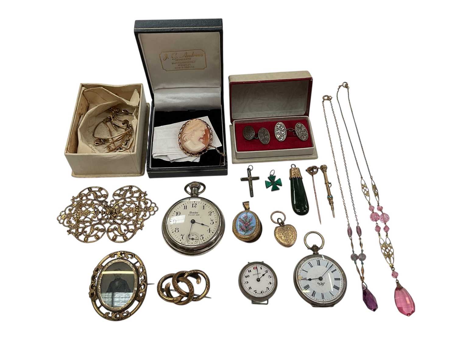 Lot 201 - Group of antique and later jewellery, silver cased fob watch, coins and sundries
