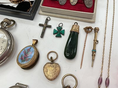 Lot 201 - Group of antique and later jewellery, silver cased fob watch, coins and sundries