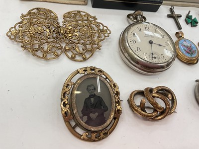 Lot 201 - Group of antique and later jewellery, silver cased fob watch, coins and sundries
