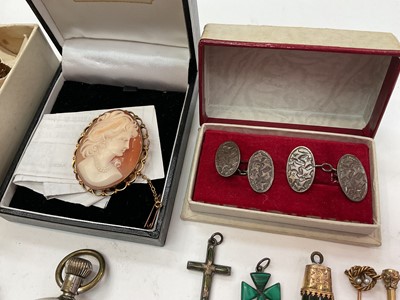Lot 201 - Group of antique and later jewellery, silver cased fob watch, coins and sundries