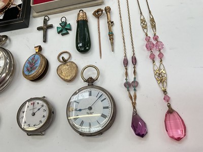 Lot 201 - Group of antique and later jewellery, silver cased fob watch, coins and sundries