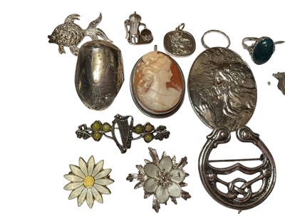 Lot 170 - Group of silver and white metal jewellery including Norwegian silver and enamel brooches, RAF sweetheart brooch, cameo brooch, amber etc