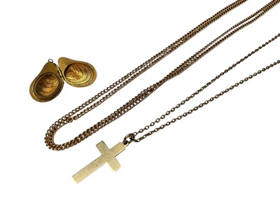Lot 53 - 9ct gold chain with barrel clasp, 9ct gold mussel shell locket pendant, together with 9ct gold cross pendant on 9ct gold chain