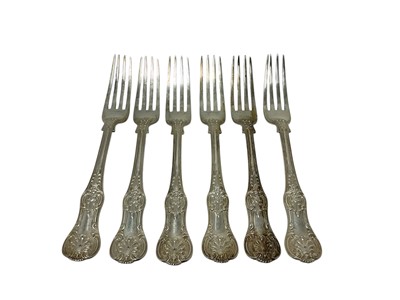 Lot 462 - Set of six Kings/Queens pattern with Anthemion heel table forks, with engraved initials