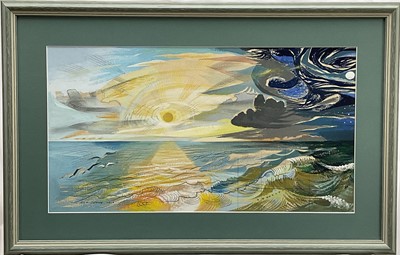 Lot 979 - *Henry (1910-1994) and Joyce (1912-1989) Collins, mixed media on paper - Sunrise over the Sea, signed, 26cm x 48cm, in glazed frame
