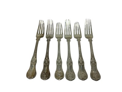 Lot 463 - Set of six Victorian Kings/Queens pattern with Anthemion heel dessert forks, with engraved initials