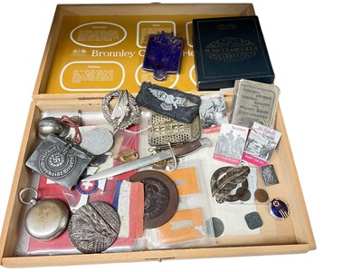 Lot 662 - First World War British Military pocket compass dated 1918, together with a Lusitania medallion, Nazi badges and other Militaria and related ephemera (1 box).