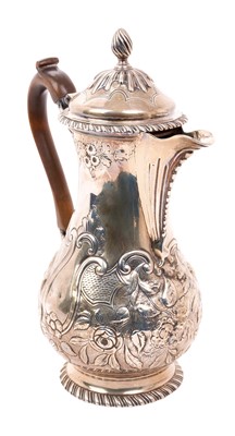 Lot 468 - George III silver coffee pot of baluster form, with later chased decoration, hinged cover