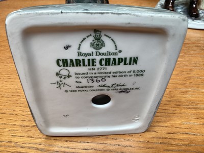 Lot 982 - Five Royal Doulton figures including limited editions - Charlie Chaplin HN2771, Please Sir HN3302, Lunchtime HN2485, The Lobster Man HN2317 and The Wayfarer HN2362