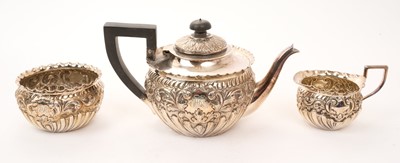 Lot 474 - Victorian silver three piece Batchelor tea set, comprising tea pot of circular form