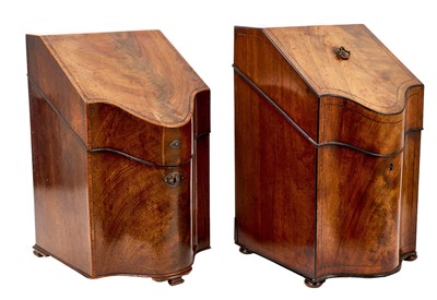 Lot 1083 - Near pair of Georgian mahogany serpentine knife boxes.