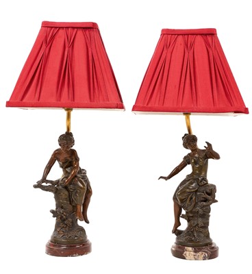 Lot 1025 - Pair of Continental bronzed figural table lamps