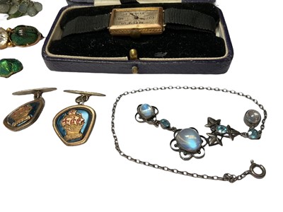 Lot 86 - 1930s 9ct gold cased wristwatch, scarab beetle and paste set brooch, 9ct gold floral pendant, antique ring and other jewellery