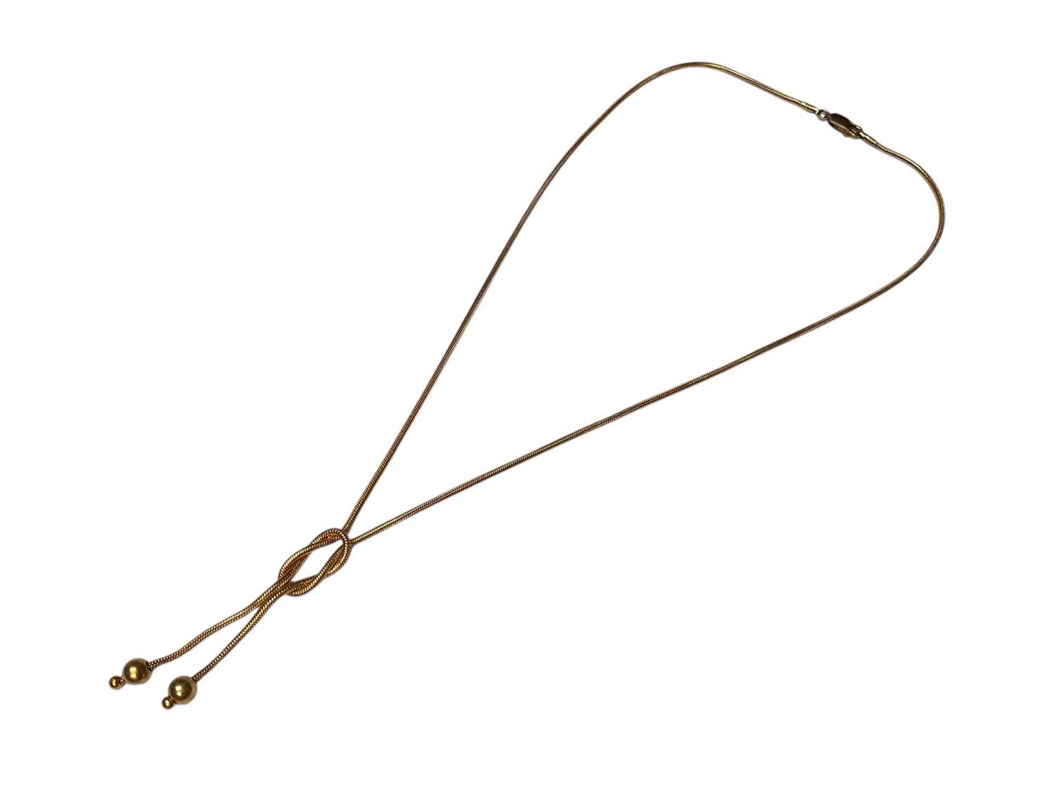 Lot 96 - 9ct gold reef knot necklace with ball end terminals, 44cm long