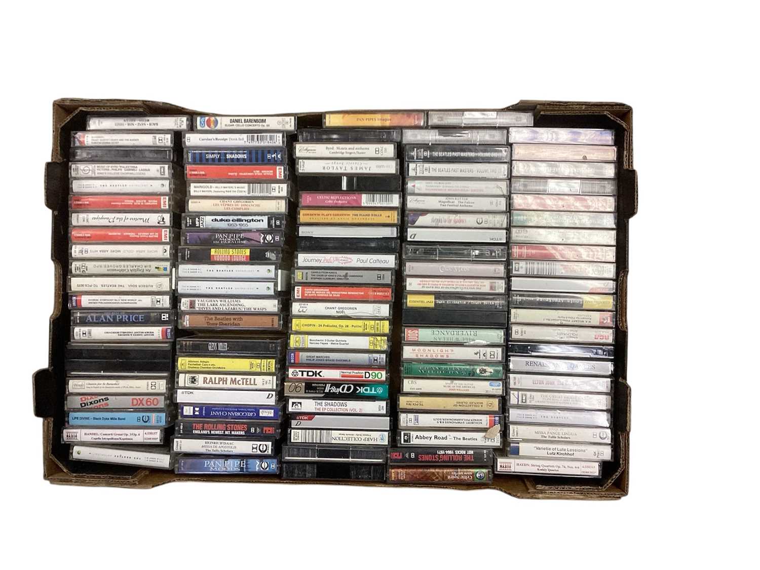 Lot 2282 - Two boxes of VHS tapes, cassettes and CD's featuring The Beatles, Rolling Stones, Bob Dylan, Manfred Mann, Ralph McTell, The Shadows and classical artists