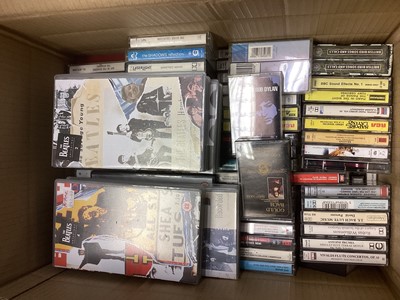 Lot 2282 - Two boxes of VHS tapes, cassettes and CD's featuring The Beatles, Rolling Stones, Bob Dylan, Manfred Mann, Ralph McTell, The Shadows and classical artists
