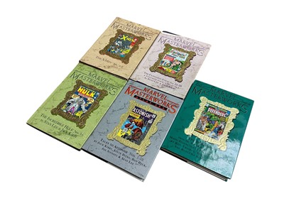 Lot 2857 - Five Marvel Masterworks - Vol 7 The X-Men, Vol 8 The Incredible Hulk, Vol 13 The Fantastic Four, Vol 57 Atlas Era Tales To Astonish and Vol 100 The Defenders