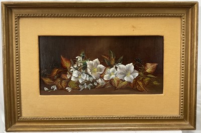 Lot 154 - Edwardian English School oil on board, still life flowers, 19cm x 40cm, in gilt frame