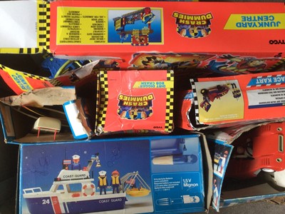 Lot 1996 - Original boxed Crash Dummies vehicles and figures including Junkyard Centre, Race Cart and Dirt Digger Bob Crash. Boxed Playmobil Coast 3599, Racing car 3147 and Windsufer 3584 with figures. Pl...
