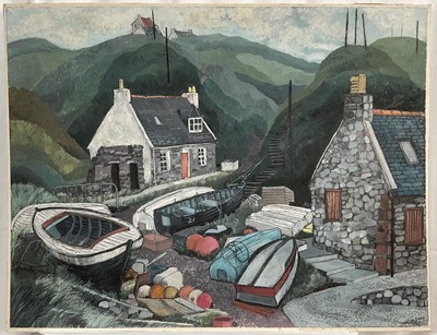 Lot 147 - Dione Page (1936-2021) gouache and pastel on paper laid on card - '..Nr Banff', signed, titled indistinctly and dated '99, 78cm x 60cm, unframed