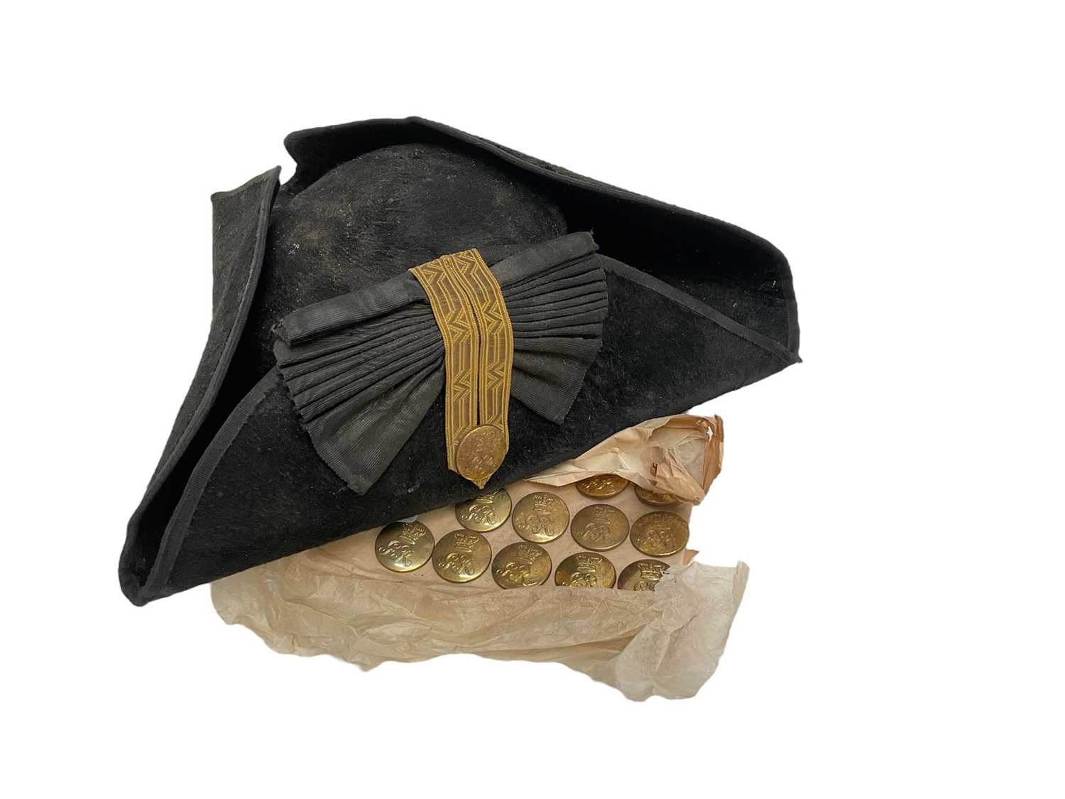 Lot 714 - Old theatrical Georgian Officers bi-corn hat by Nathan, Covent Garden and lot theatrical Georgian crowned GR military brass buttons by Pitt & Co