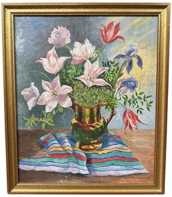 Lot 143 - English School, contemporary, oil on board - Still Life Spring Flowers, 59cm x 49cm, in gilt frame