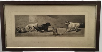 Lot 145 - After Harding Cox, late Victorian black and white print - Tug of War, inscribed in pencil 'With the Publishers regards...5/7/99, in original glazed oak frame, 55.5cm x 107cm overall