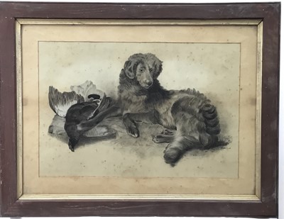 Lot 139 - B. Woollard, late 19th century charcoal and pencil drawing - Gun Dog and Dead Game, signed, 38cm x 56cm, in glazed oak frame