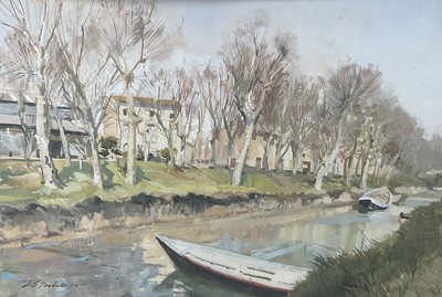 Lot 49 - J. S. Goodall, 1950s gouache - Continental Riverscape, signed, dated '53, 34cm x 52cm, in glazed gilt frame