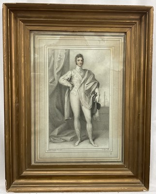 Lot 118 - I. S. Agar, early 19th century stipple engraving after Richard Cosway - a gentleman standing with a sword and feathered hat, in glazed gilt frame, 30cm x 21cm
