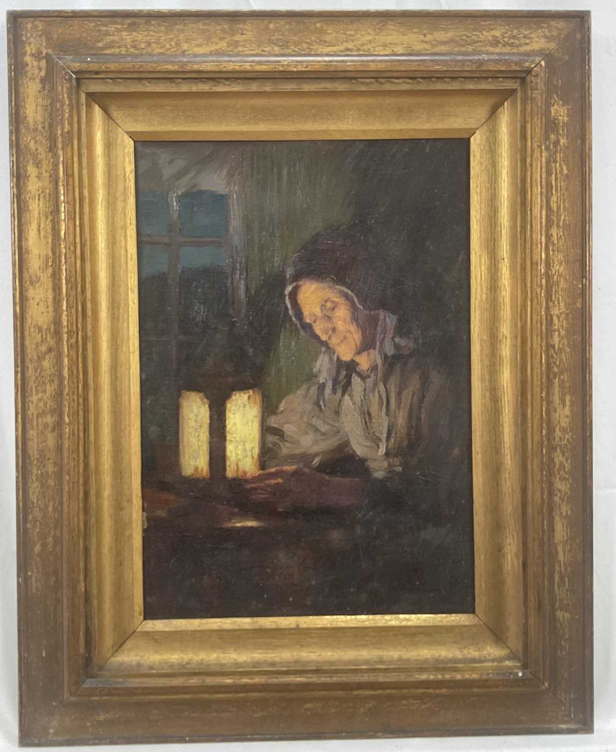 Lot 81 - Frederick Marriott (1860-1941) oil on board - seated figure by lamp light entitled 'Evening' to original label verso, 33 x 23, in gilt wood frame, together with a watercolour of a Dutch harbour...