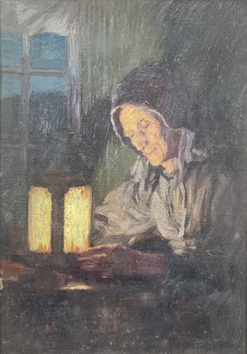Lot 81 - Frederick Marriott (1860-1941) oil on board - seated figure by lamp light entitled 'Evening' to original label verso, 33 x 23, in gilt wood frame, together with a watercolour of a Dutch harbour...
