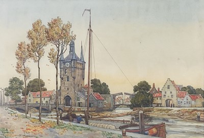 Lot 81 - Frederick Marriott (1860-1941) oil on board - seated figure by lamp light entitled 'Evening' to original label verso, 33 x 23, in gilt wood frame, together with a watercolour of a Dutch harbour...