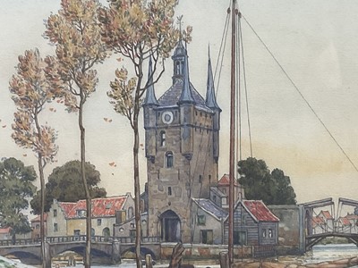 Lot 81 - Frederick Marriott (1860-1941) oil on board - seated figure by lamp light entitled 'Evening' to original label verso, 33 x 23, in gilt wood frame, together with a watercolour of a Dutch harbour...