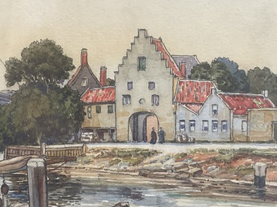 Lot 81 - Frederick Marriott (1860-1941) oil on board - seated figure by lamp light entitled 'Evening' to original label verso, 33 x 23, in gilt wood frame, together with a watercolour of a Dutch harbour...