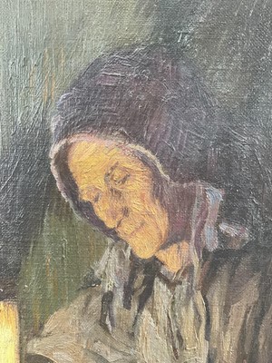 Lot 81 - Frederick Marriott (1860-1941) oil on board - seated figure by lamp light entitled 'Evening' to original label verso, 33 x 23, in gilt wood frame, together with a watercolour of a Dutch harbour...