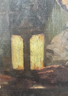 Lot 81 - Frederick Marriott (1860-1941) oil on board - seated figure by lamp light entitled 'Evening' to original label verso, 33 x 23, in gilt wood frame, together with a watercolour of a Dutch harbour...