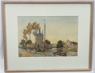 Lot 81 - Frederick Marriott (1860-1941) oil on board - seated figure by lamp light entitled 'Evening' to original label verso, 33 x 23, in gilt wood frame, together with a watercolour of a Dutch harbour...