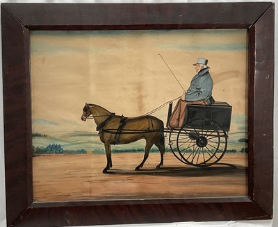 Lot 228 - Naïve School, 19th century watercolour - a gentleman in a pony and trap, 47cm x 59cm, in glazed frame