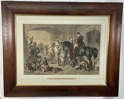Lot 983 - 19th century black and white print - The Return From Hawking, 33cm x 48cm, together with another smaller pair, each in oak frame