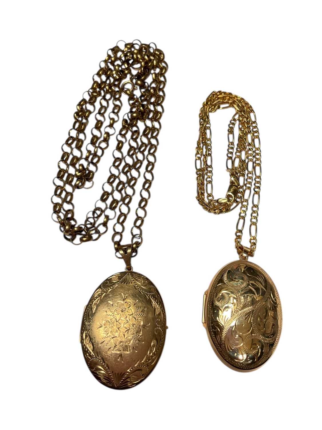 Lot 104 - Two 9ct gold oval locket pendants with engraved decoration, both on 9ct gold chains