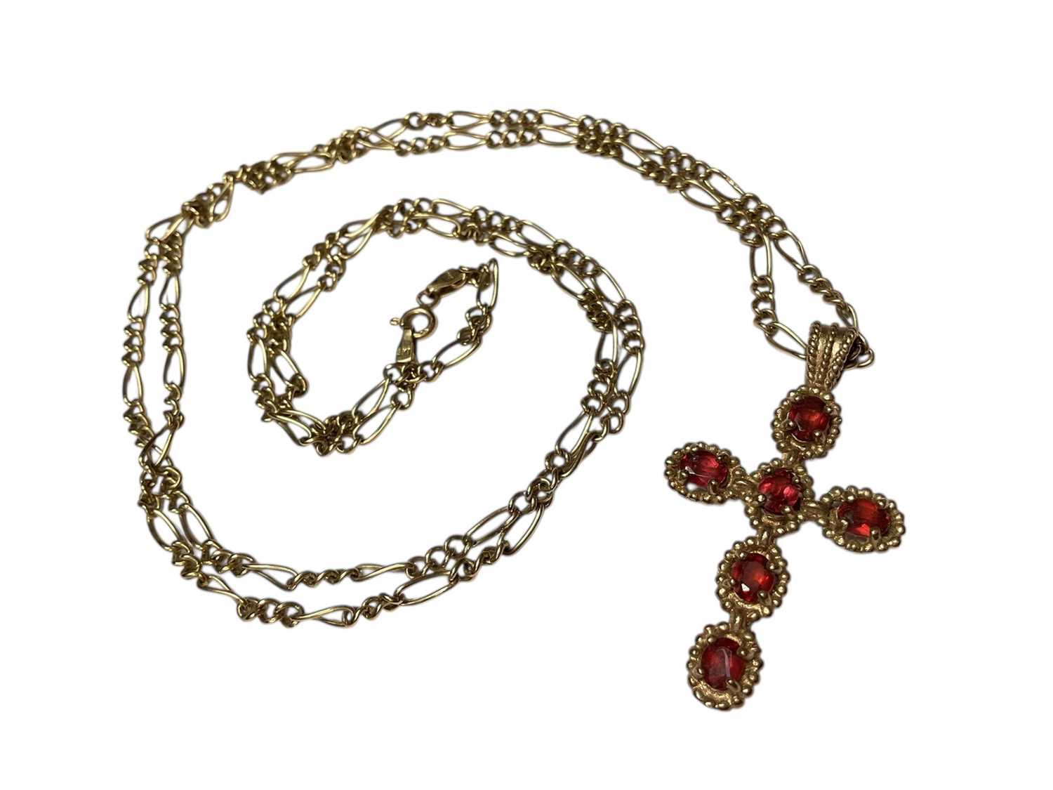 Lot 106 - 9ct gold gem set cross pendant, 4.5cm, on 9ct gold chain, 80.5cm long