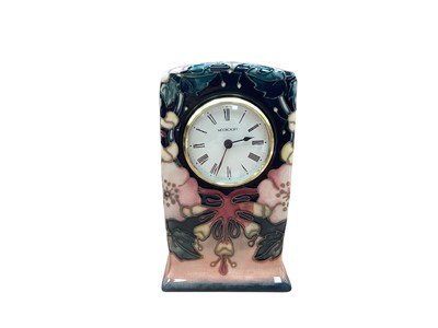 Lot 1012 - Moorcroft pottery mantle clock decorated in the Oberon pattern, dated 93, 15.5cm high